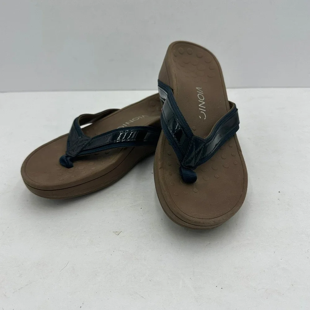 Vionic High Tide Navy Brown Platform Wedge Sandals Womens Size 6 Flip Flops
